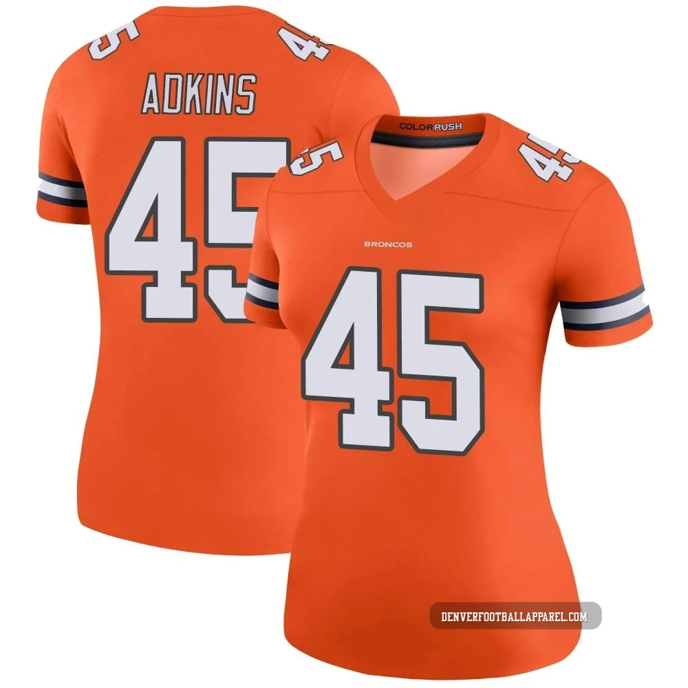 Nate Adkins ＃45 Women's Legend Denver Broncos Orange Color Rush Jersey