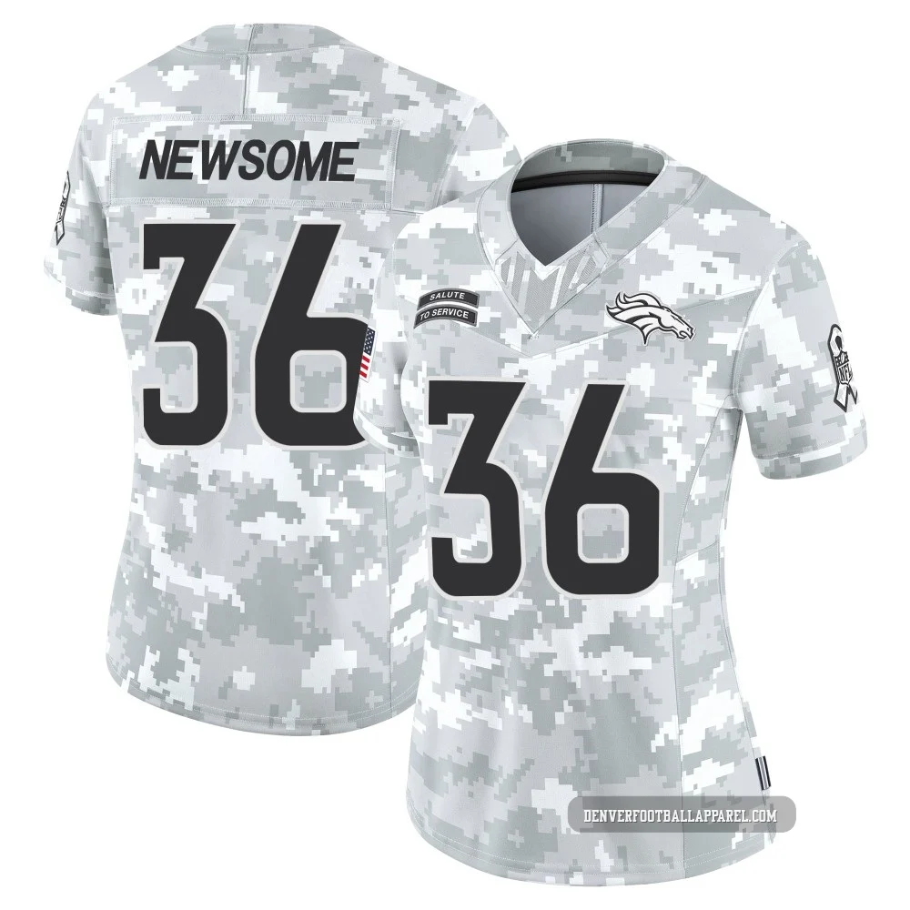 Quinton Newsome ＃36 Women's Limited Denver Broncos Arctic Camo 2024 Salute to Service Jersey